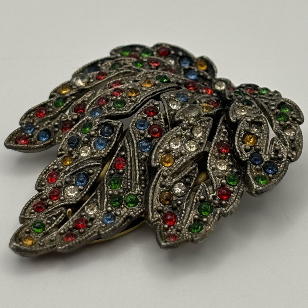 Vtg 1940s Retro Brooch Fur Clip Multi-Colour Rhinestone Leaf Spray - Picture 7 of 14